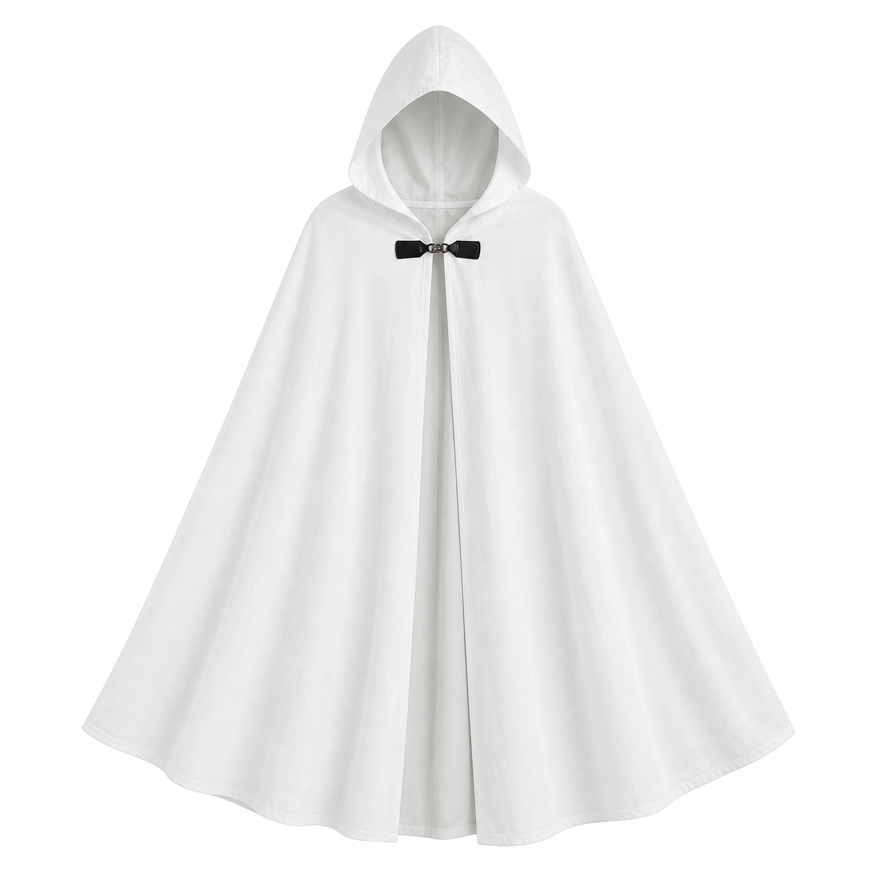 Medieval White Velvet Hooded Long Cloak Cape with Black Bow Tie Front Flared Hem main product view