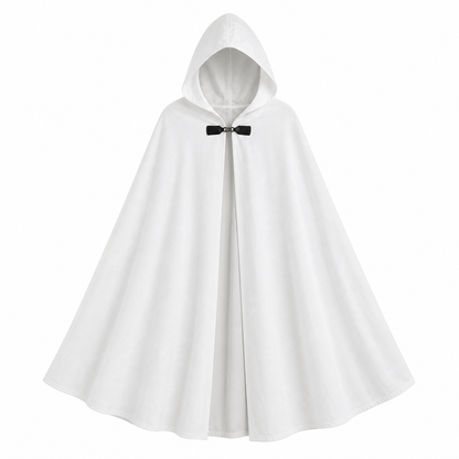 Medieval White Velvet Hooded Long Cloak Cape with Black Bow Tie Front Flared Hem main product view