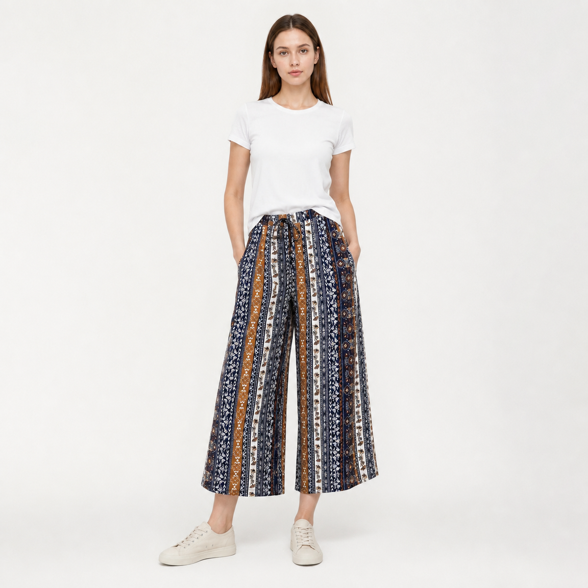 Bohemian High-Waist Wide-Leg Drawstring Pants with Multi-Color Vertical Stripes main product view
