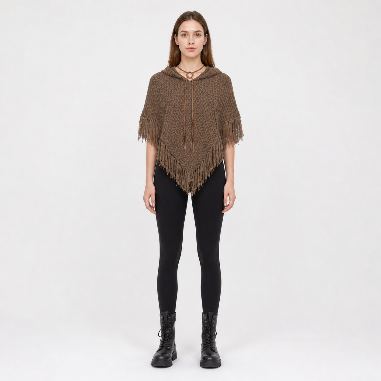 Triangle Hooded Cape with Fringe, Brown main product view