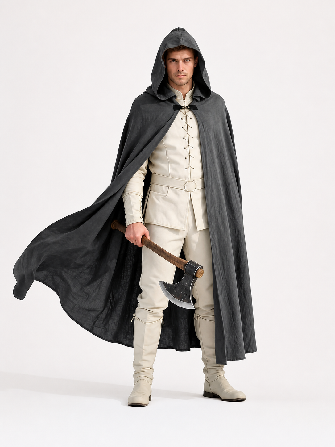 Adult Fantasy Hooded Cape, Long Dark Gray Cloak With Front Tie Closure, Wide main product view 7