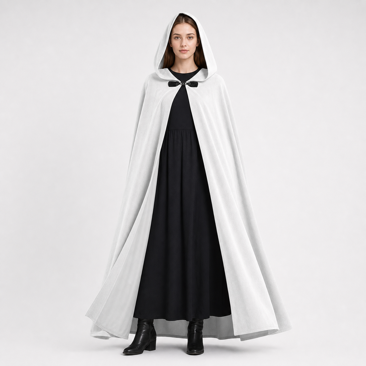 Medieval White Velvet Hooded Long Cloak Cape with Black Bow Tie Front Flared Hem main product view 2