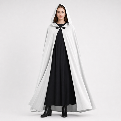 Medieval White Velvet Hooded Long Cloak Cape with Black Bow Tie Front Flared Hem main product view 2