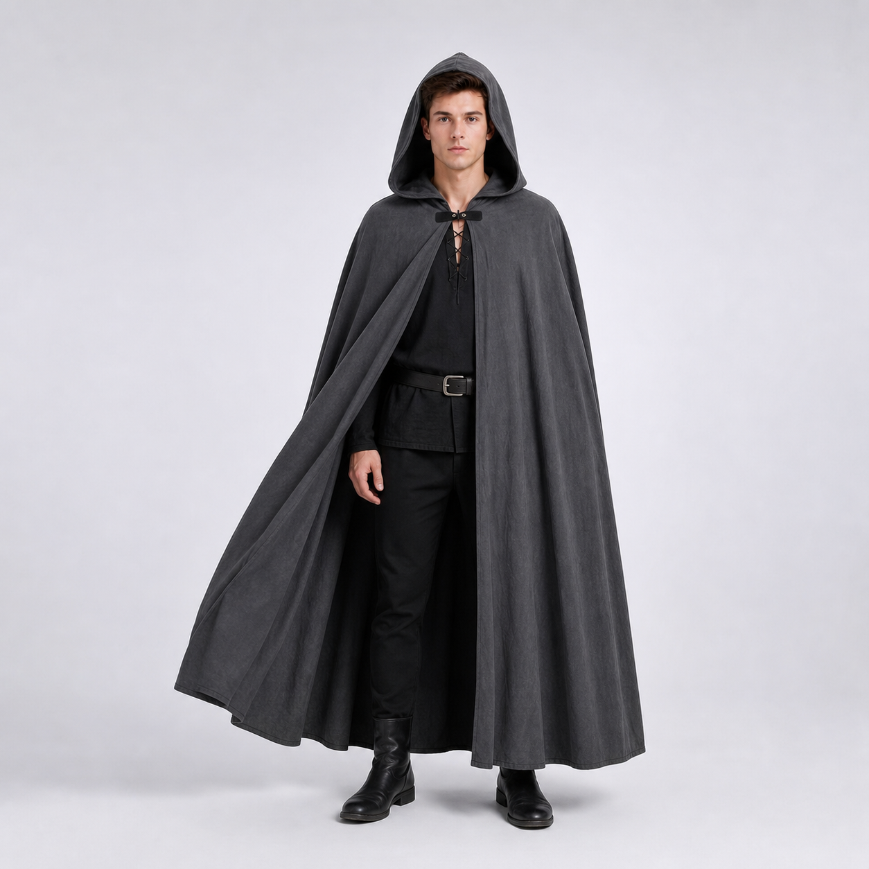 Adult Fantasy Hooded Cape, Long Dark Gray Cloak With Front Tie Closure, Wide main product view