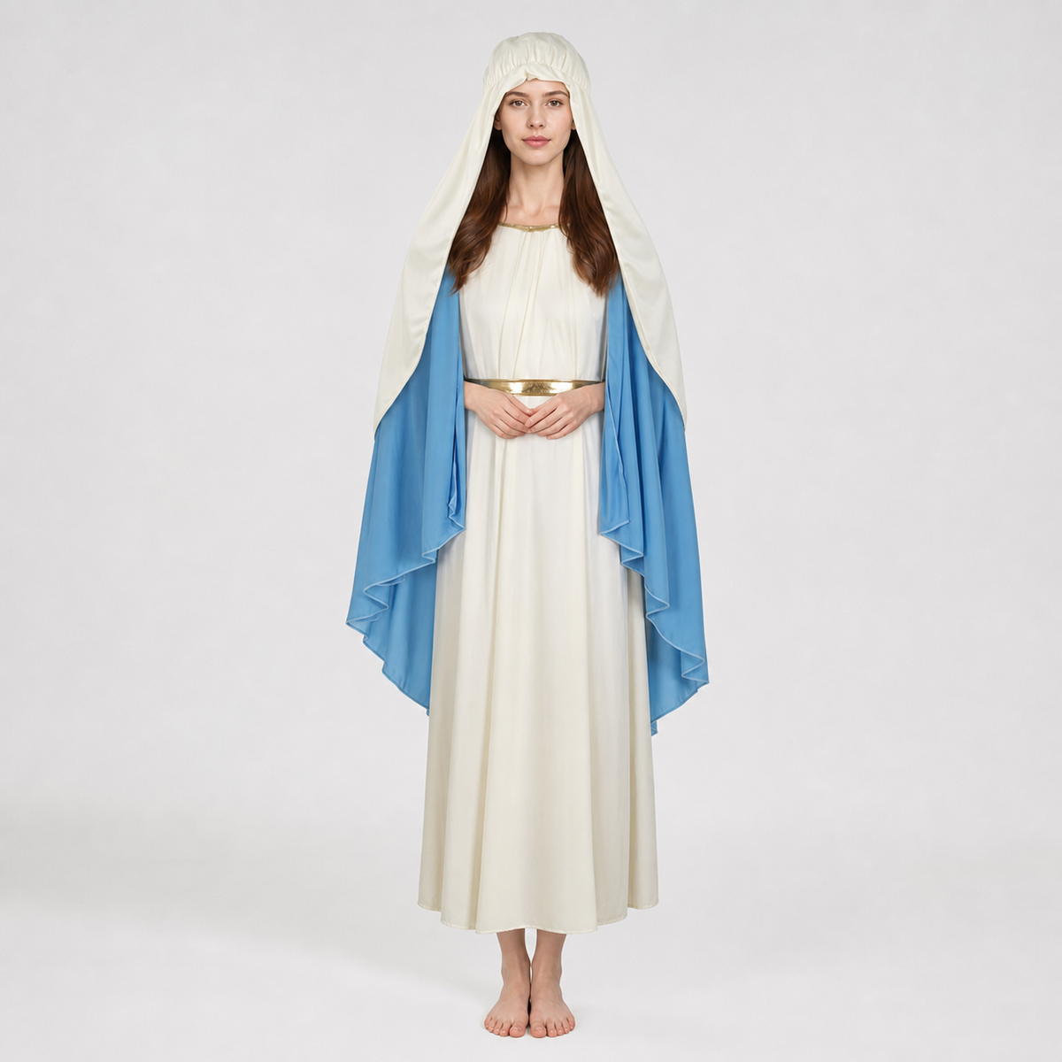 Front view of a white full-length robe with blue layered cape, gold sash, and white gathered head covering
