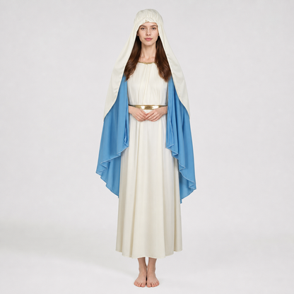Front view of a white full-length robe with blue layered cape, gold sash, and white gathered head covering