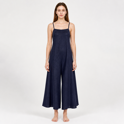 Blue Spaghetti Strap Wide Leg Jumpsuit, Sleeveless One-Piece Overalls With Long main product view 2