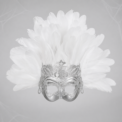 Silver decorative eye mask with a broad fan of white feathers shown against a gray background