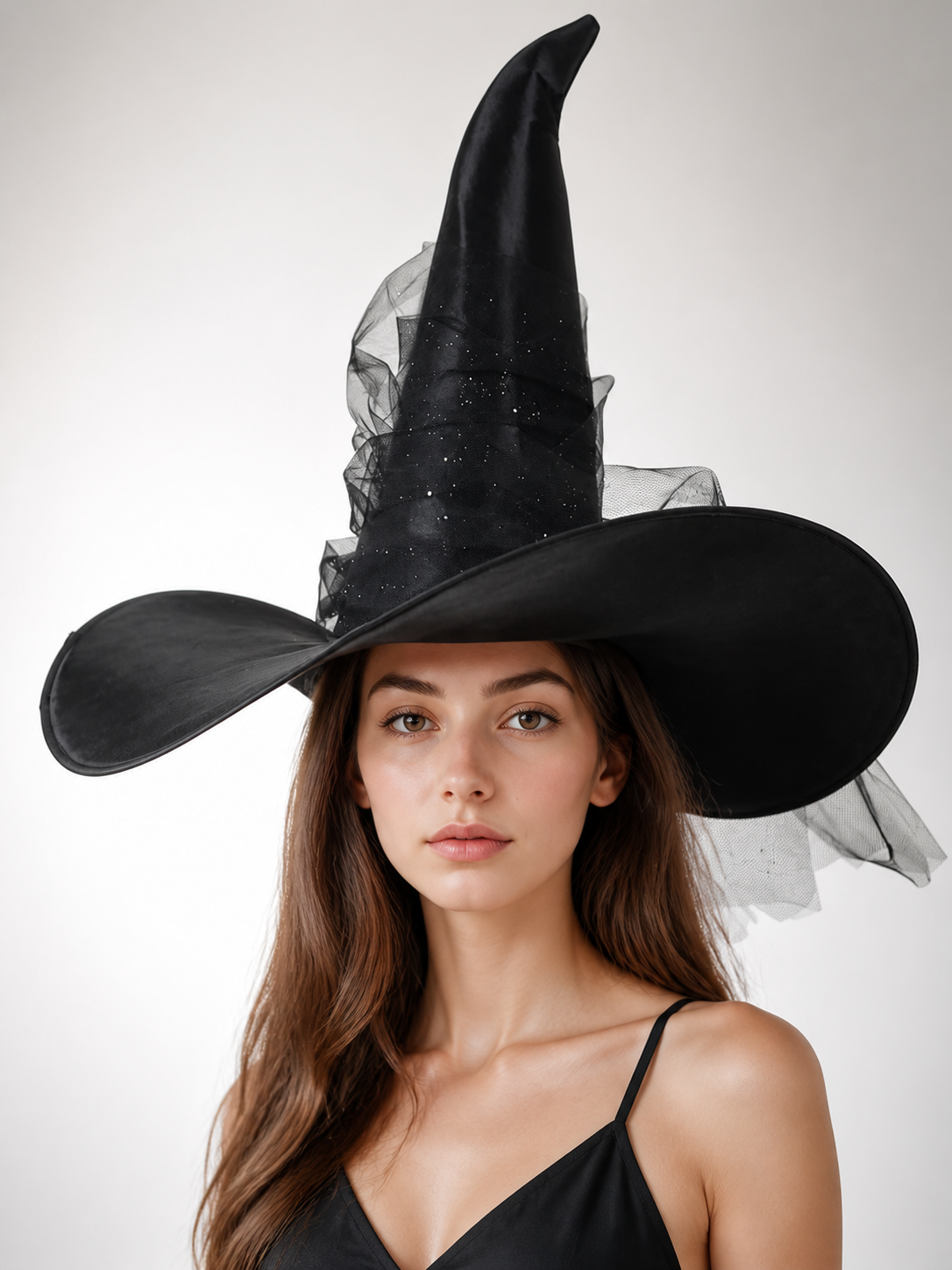 1pc Black Halloween Witch Hat Wide Brim Tall Pointed Wizard Cap with Mesh main product view 3