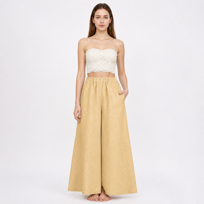 Apricot Wide Leg Pants, Elastic Waist Long Trousers with Two Side Pockets main product view 2