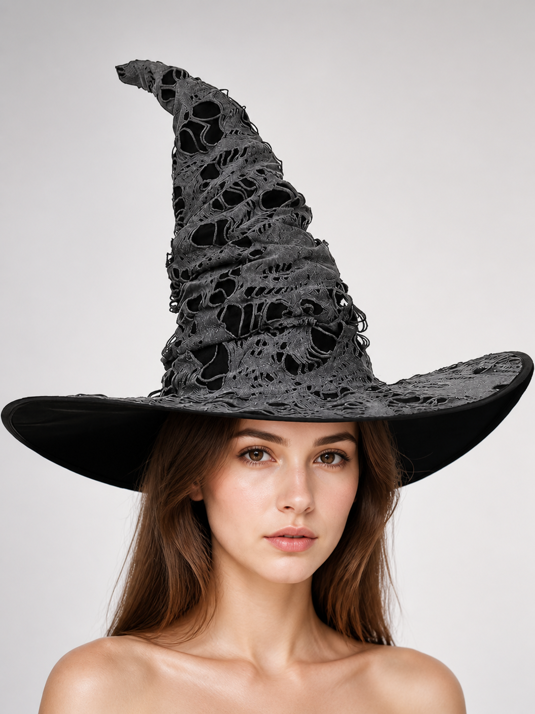 Gray Black Halloween Witch Hat For Women Wide Brim Curved Pointed Tattered Torn main product view 5