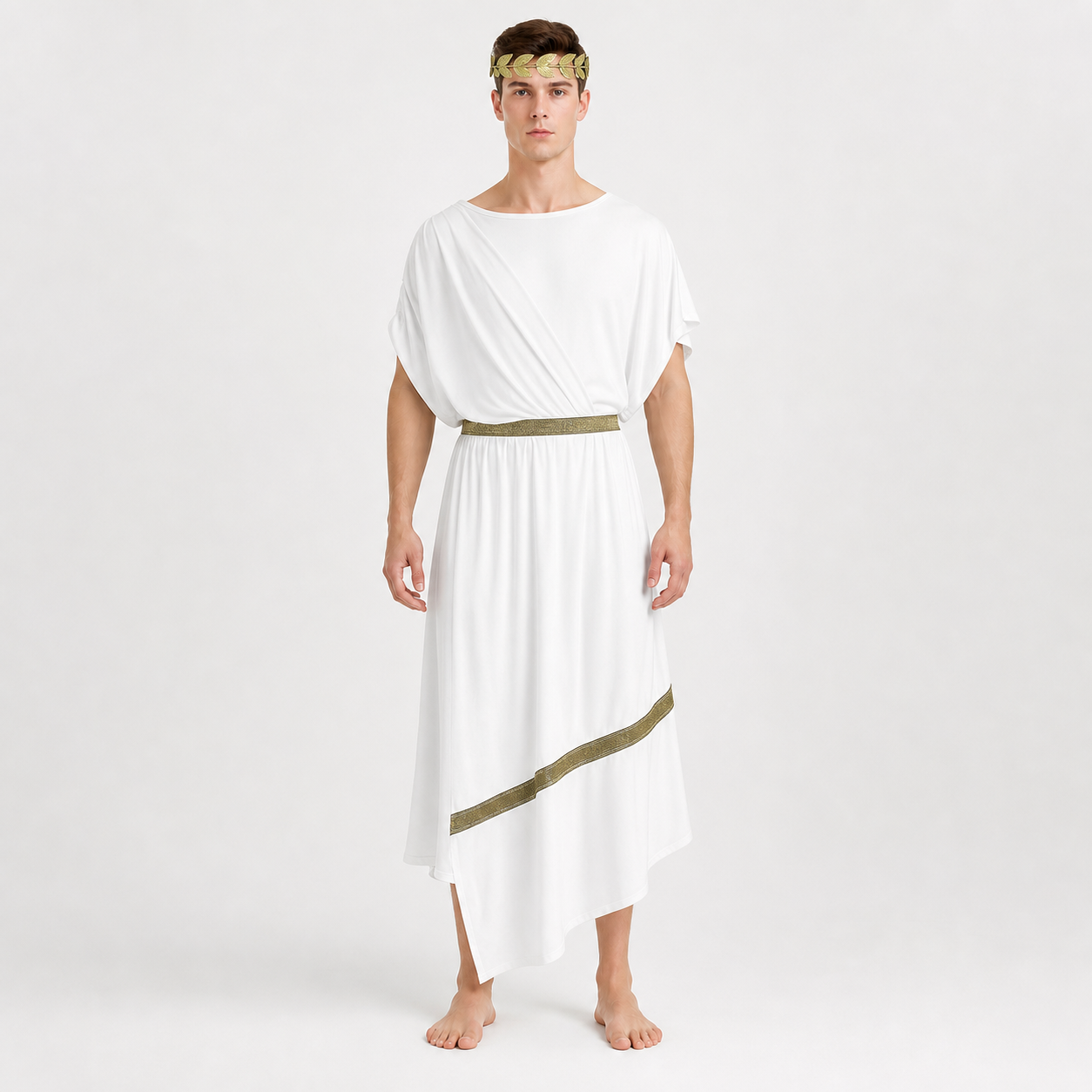 Adult Men's Ancient Greek Costume Set, 3pcs Draped Robe With Gold Trim, Waist Belt And Laurel Wreath For Cosplay Theme Parties