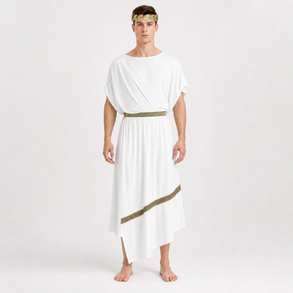 Adult Men's Ancient Greek Costume Set, 3pcs Draped Robe With Gold Trim, Waist Belt And Laurel Wreath For Cosplay Theme Parties