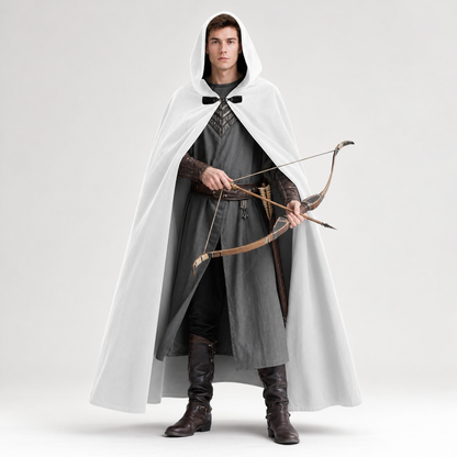 Medieval White Velvet Hooded Long Cloak Cape with Black Bow Tie Front Flared Hem main product view 3