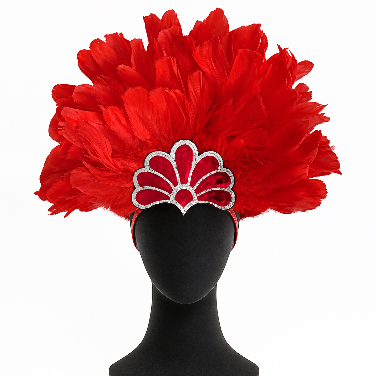 Red feather headpiece with a silver-trimmed fan decoration, displayed on a black mannequin against white