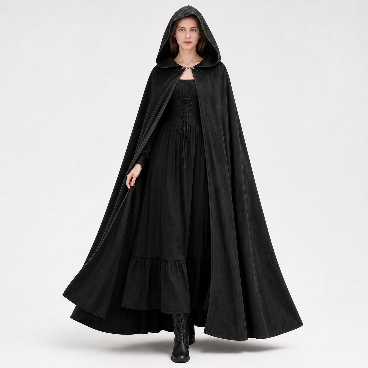 Long black hooded costume cloak