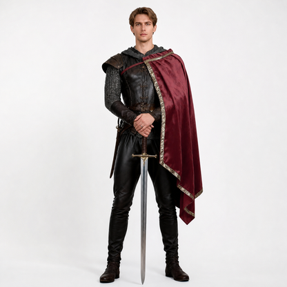 Burgundy cape with gold trim shown full-length on a male model wearing black armor, with a sword held vertically