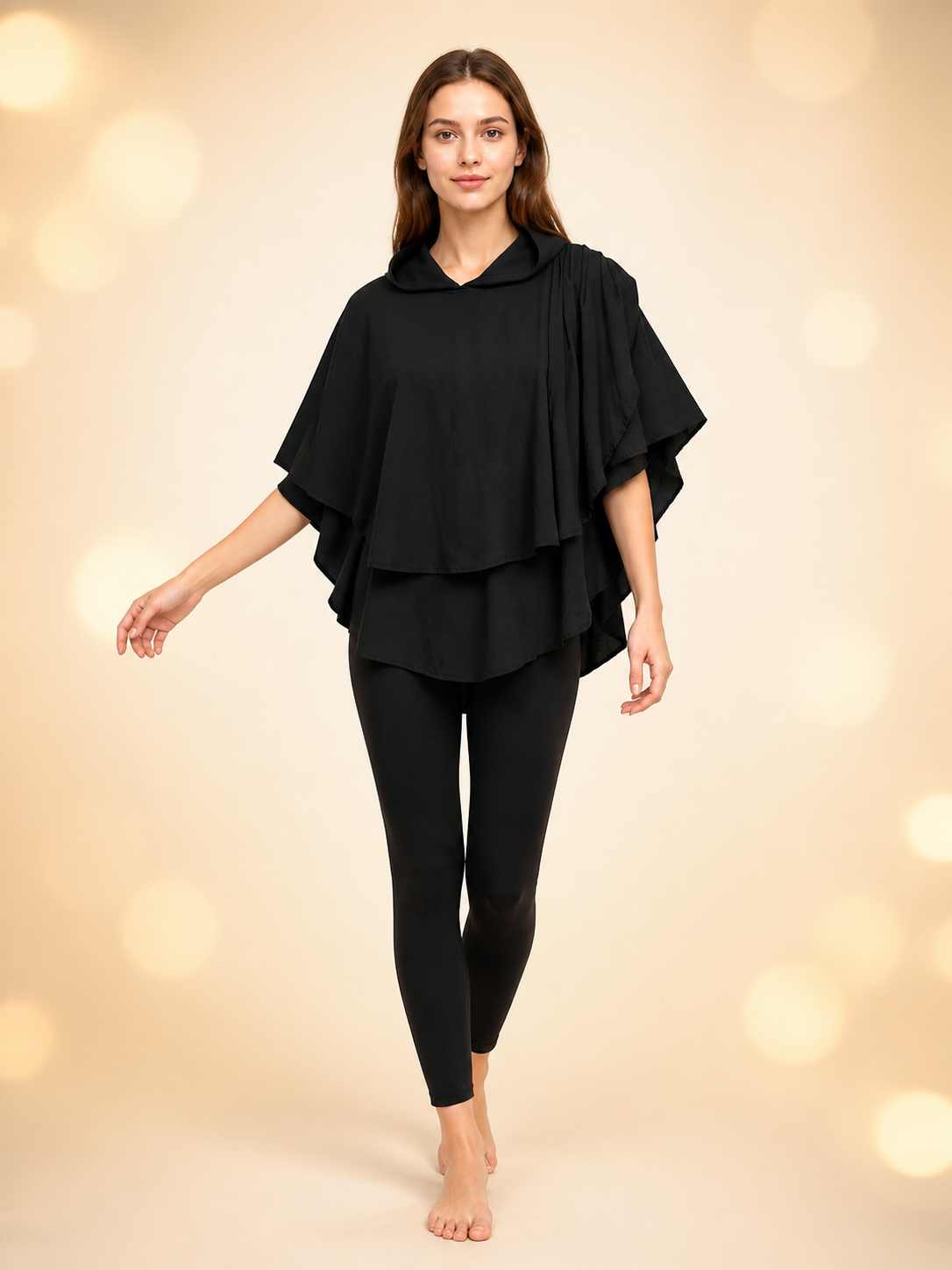 Women's Gothic Hooded Cape Cloak for Halloween Cosplay, Black Flowing Draped main product view 5