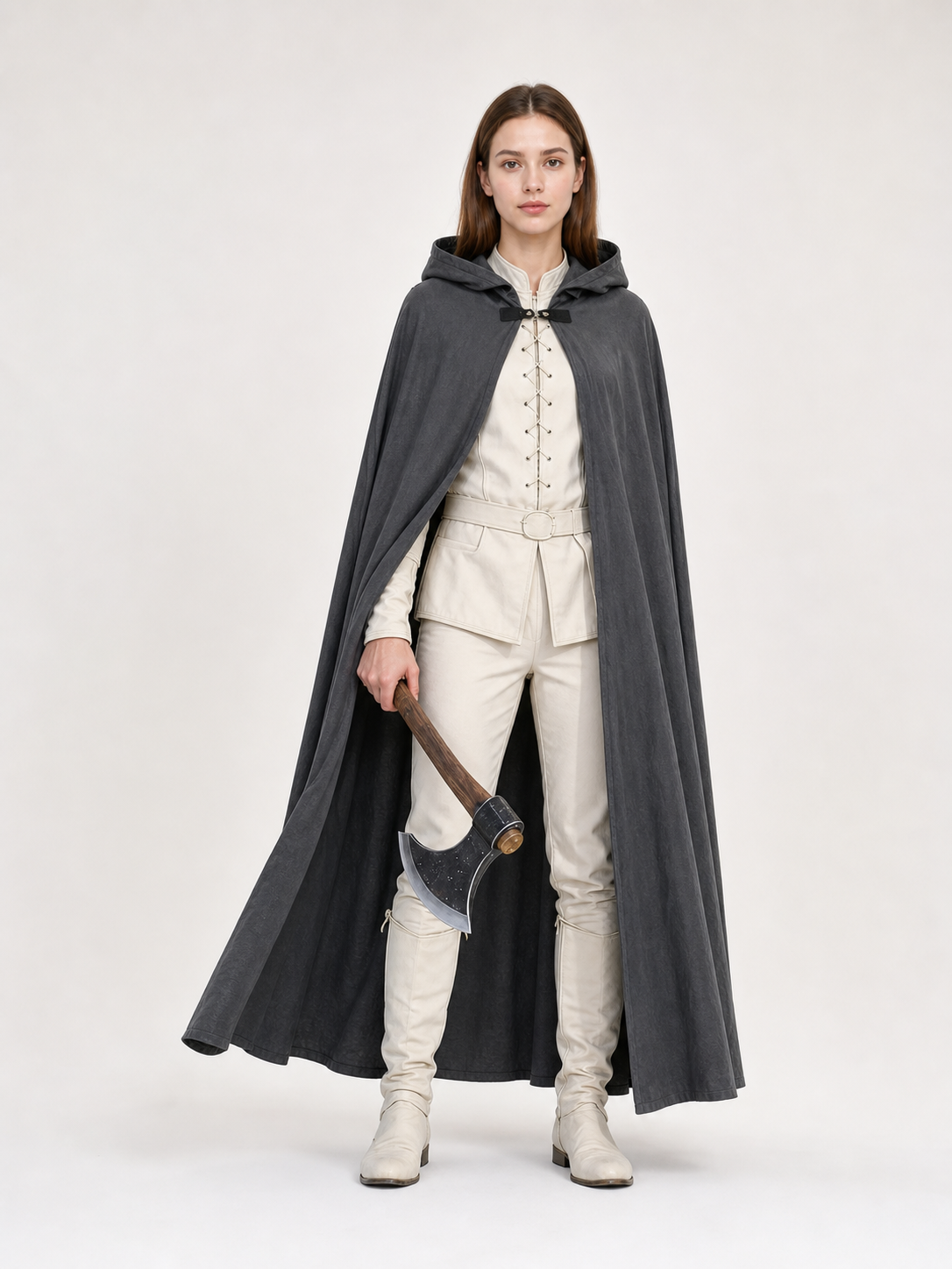 Adult Fantasy Hooded Cape, Long Dark Gray Cloak With Front Tie Closure, Wide main product view 8