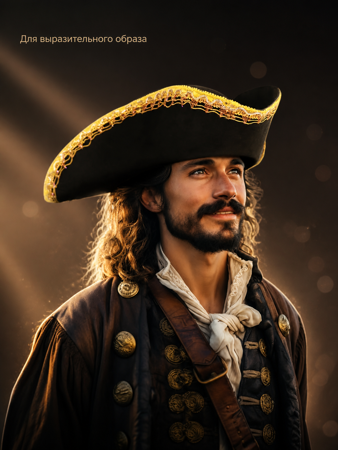 Information card about an expressive look, featuring a black tricorn hat with gold trim on a costumed model 2