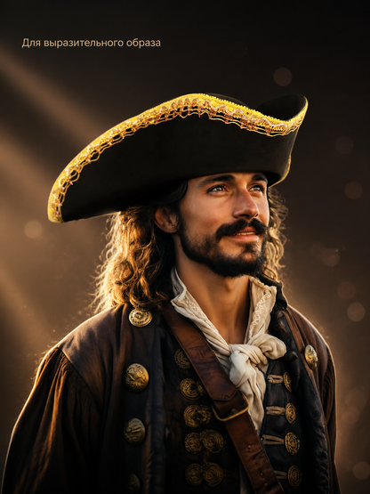 Information card about an expressive look, featuring a black tricorn hat with gold trim on a costumed model 2