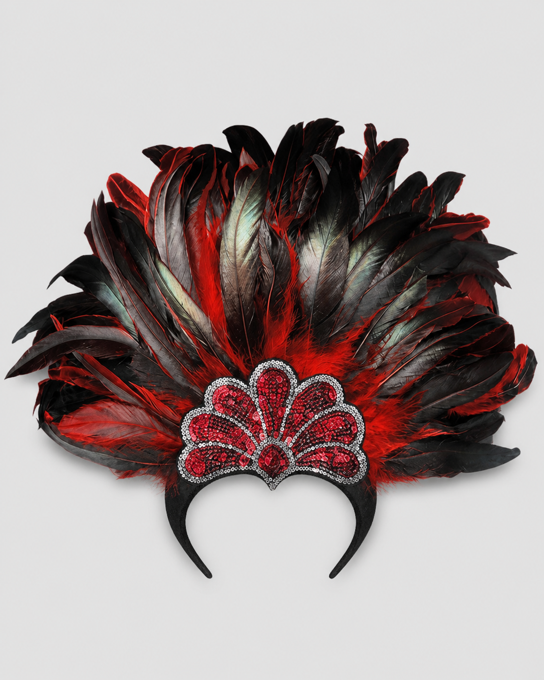Red, black, and gray feathered headpiece displayed on a black band against a light gray background