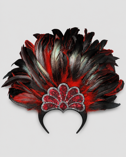 Red, black, and gray feathered headpiece displayed on a black band against a light gray background