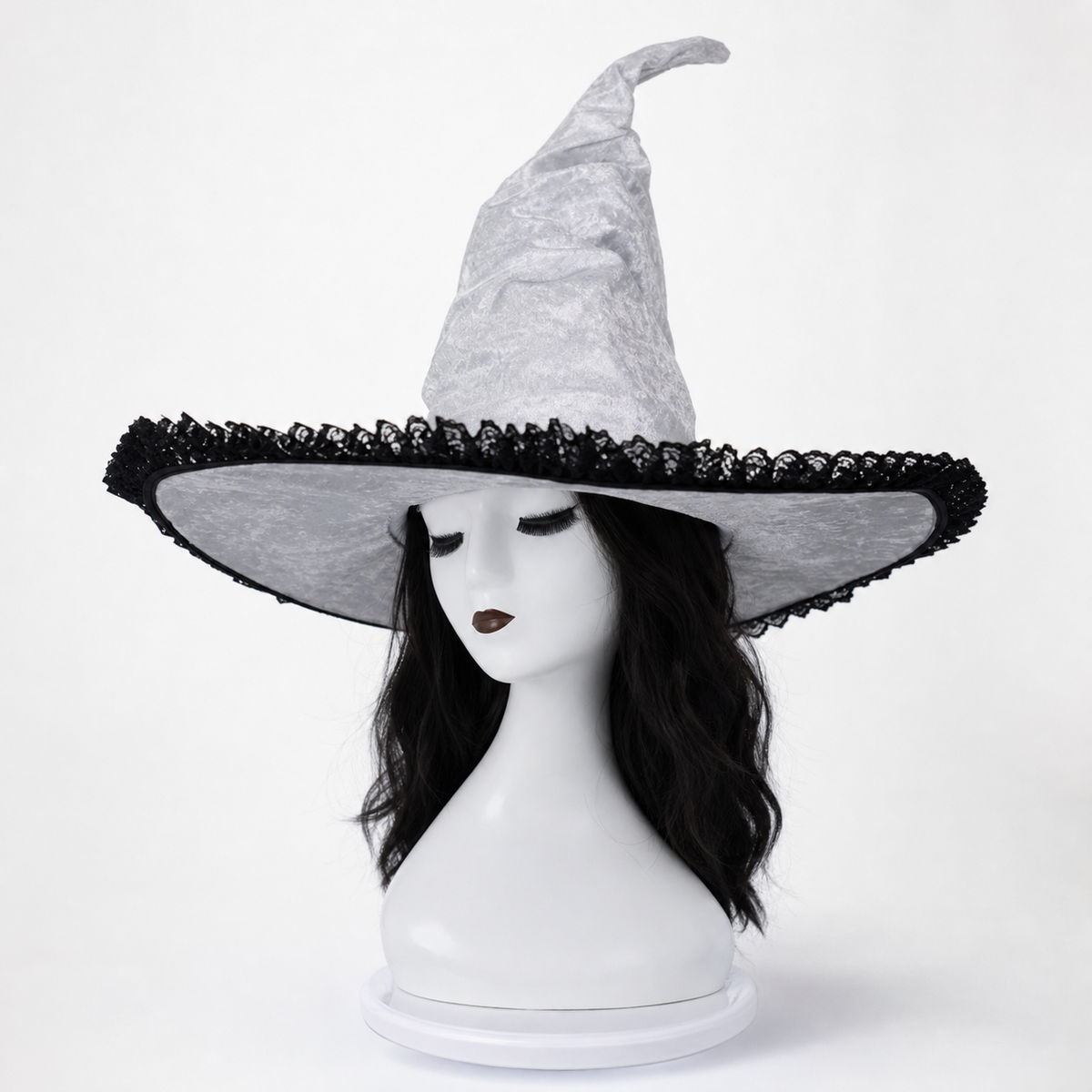 White and Black Witch Hat, Wide Brim Pointed Hat with Lace Trim and Curved main product view 2