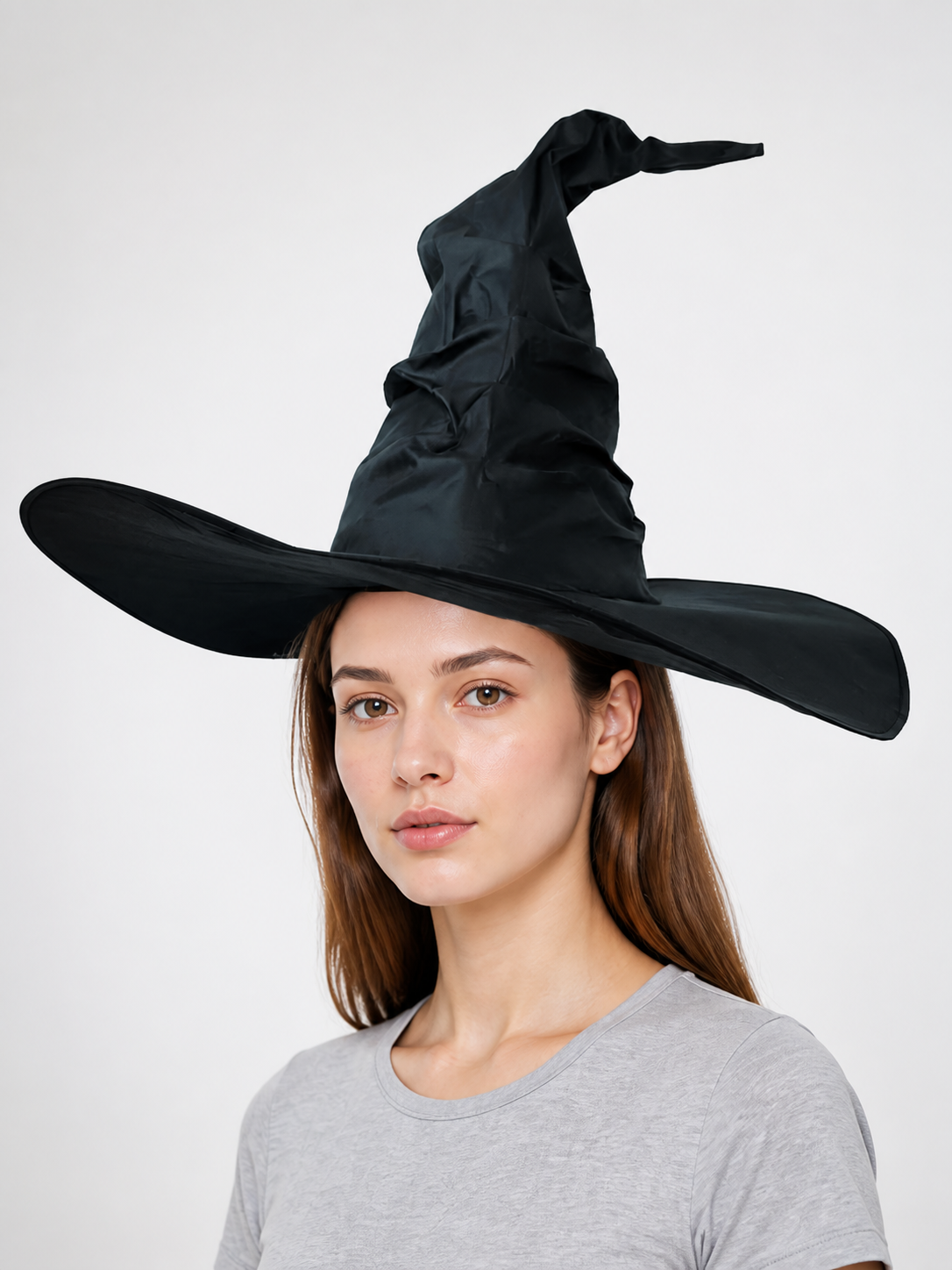 Black Halloween Witch Hat Wide Brim Pointed Wizard Hat Ruched Asymmetrical Brim main product view 2
