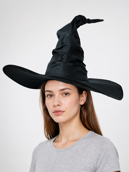 Black Halloween Witch Hat Wide Brim Pointed Wizard Hat Ruched Asymmetrical Brim main product view 2