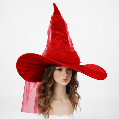 1pc Red Halloween Witch Hat with Very Tall Pointed Crown, Extra-Wide Floppy Brim and Sheer Glitter-Speckled Overlay for Cosplay Parties