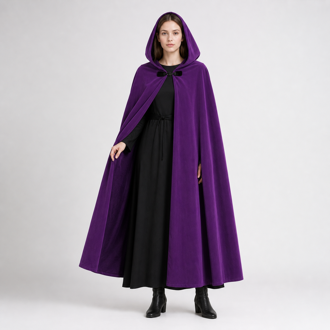 Medieval Fantasy Hooded Archer Cape with Front Clasp, Layered Tunic Style, Bow and Arrow for Cosplay Events and Costume Parties