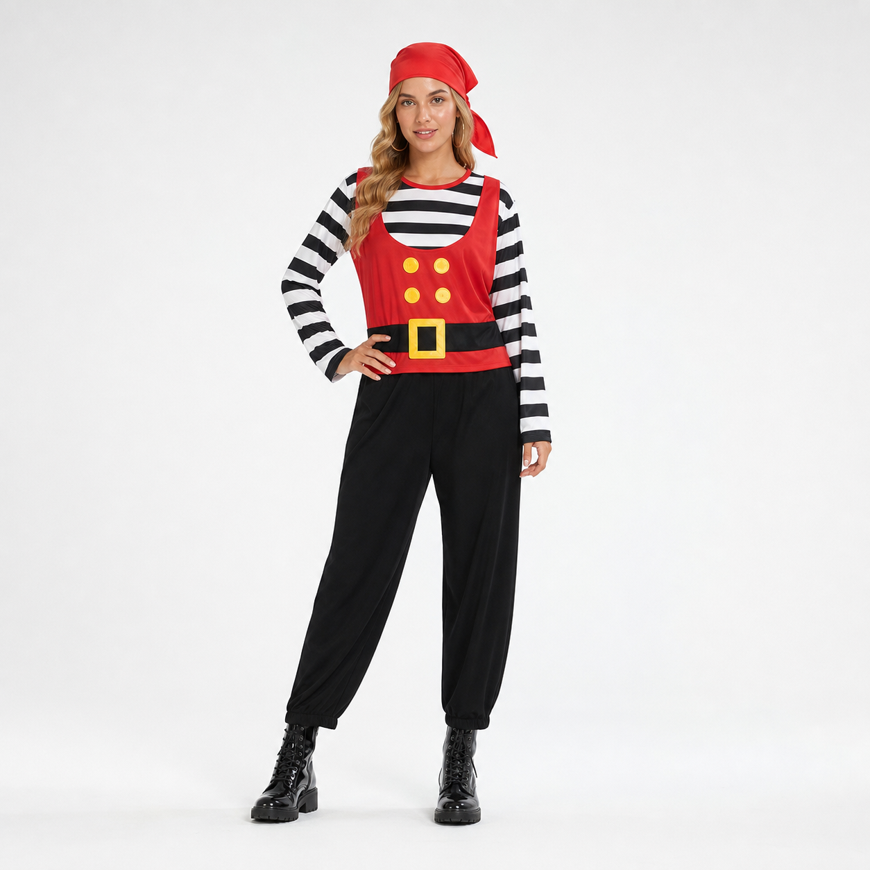 Kids Halloween Pirate Costume Set 4Pcs Red Bandana Striped Long Sleeve Vest Black Pants Toy Sword for Role Play Party