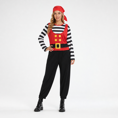 Kids Halloween Pirate Costume Set 4Pcs Red Bandana Striped Long Sleeve Vest Black Pants Toy Sword for Role Play Party