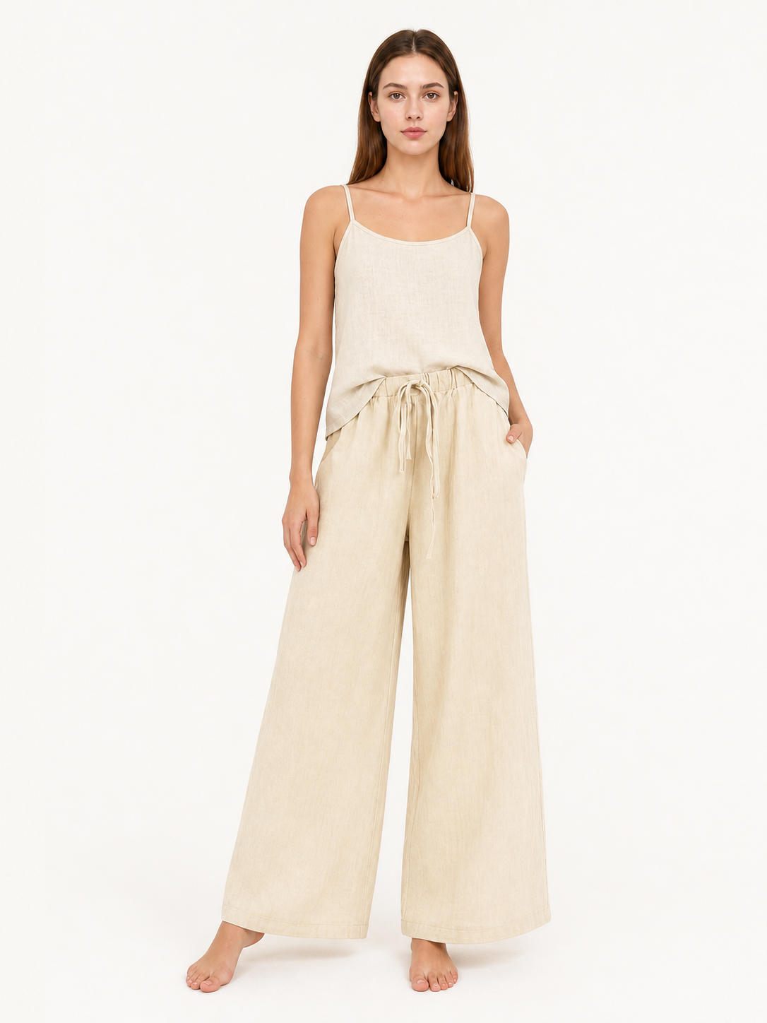Beige Wide-Leg Pants with an Elastic Waistband and Drawstring main product view 5