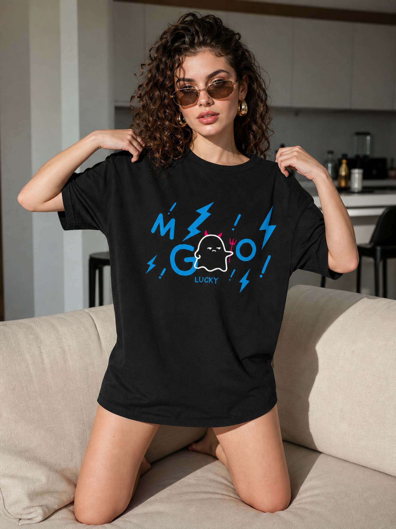 Women’s black printed T-shirt, loose fit, summer