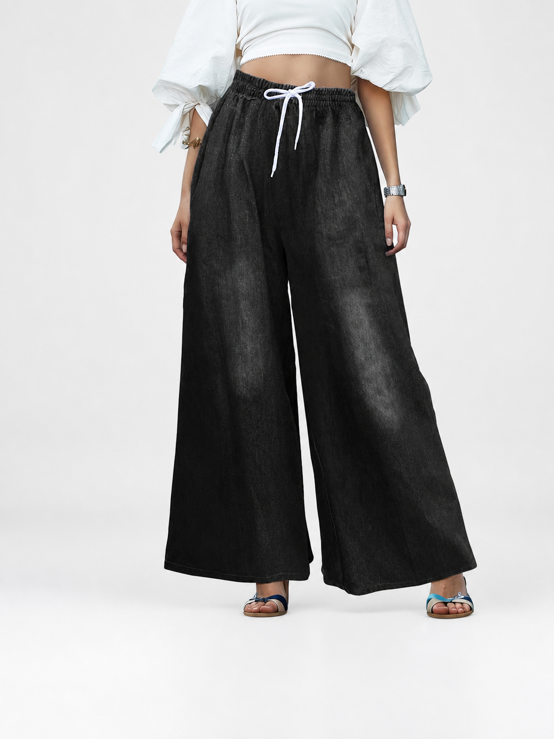 Solid Black Wide-Leg Pants with Elastic Waist and Contrast White Drawstrings main product view 8