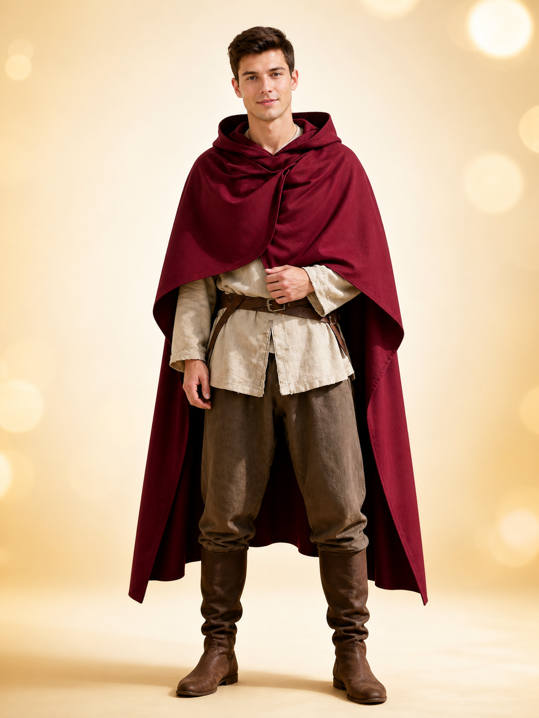 Wine red hooded cape with draped front panels, shown on a model in a medieval-style outfit against a warm blurred background