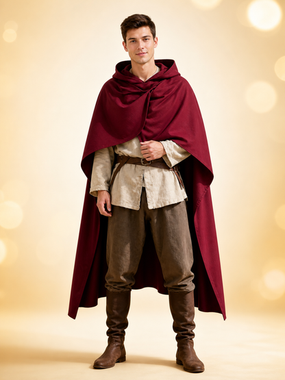 Wine red hooded cape with draped front panels, shown on a model in a medieval-style outfit against a warm blurred background