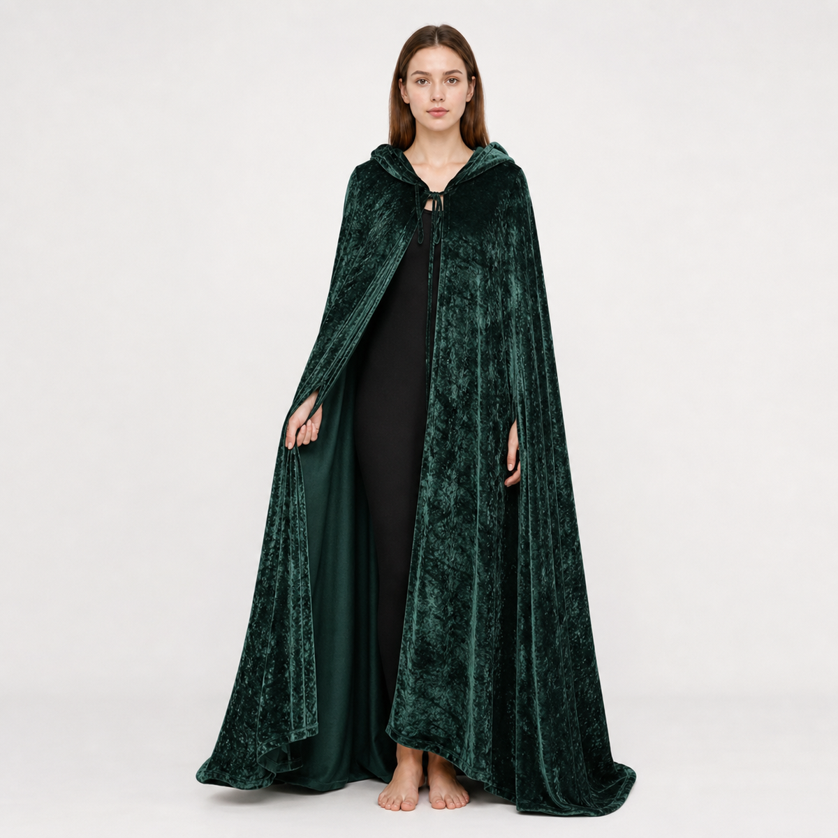 Dark green hooded velvet costume cape product view 40