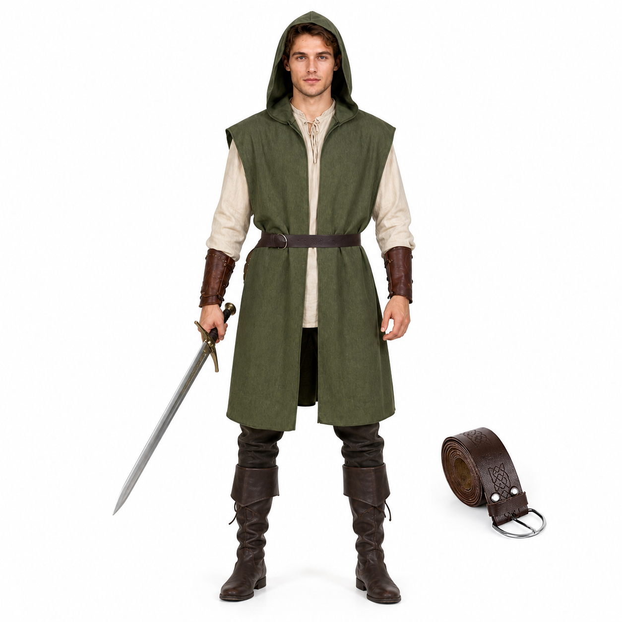 Medieval Fantasy Role Play Costume Set, 2-Piece Olive Green Hooded Sleeveless main product view 3