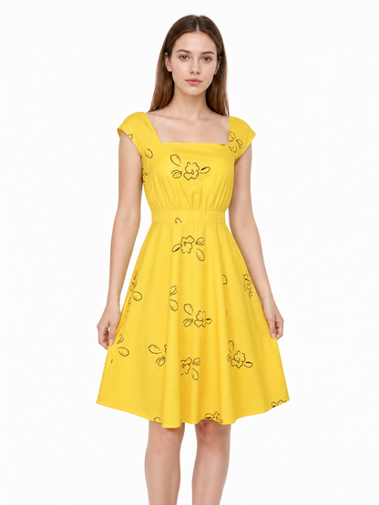 The dress is designed to recreate Mia's look from the film "La La Land" and for theatrical role transformations in a cosplay style. The model is made in a bright yellow color and decorated with a scattered outline pattern of flowers and lea