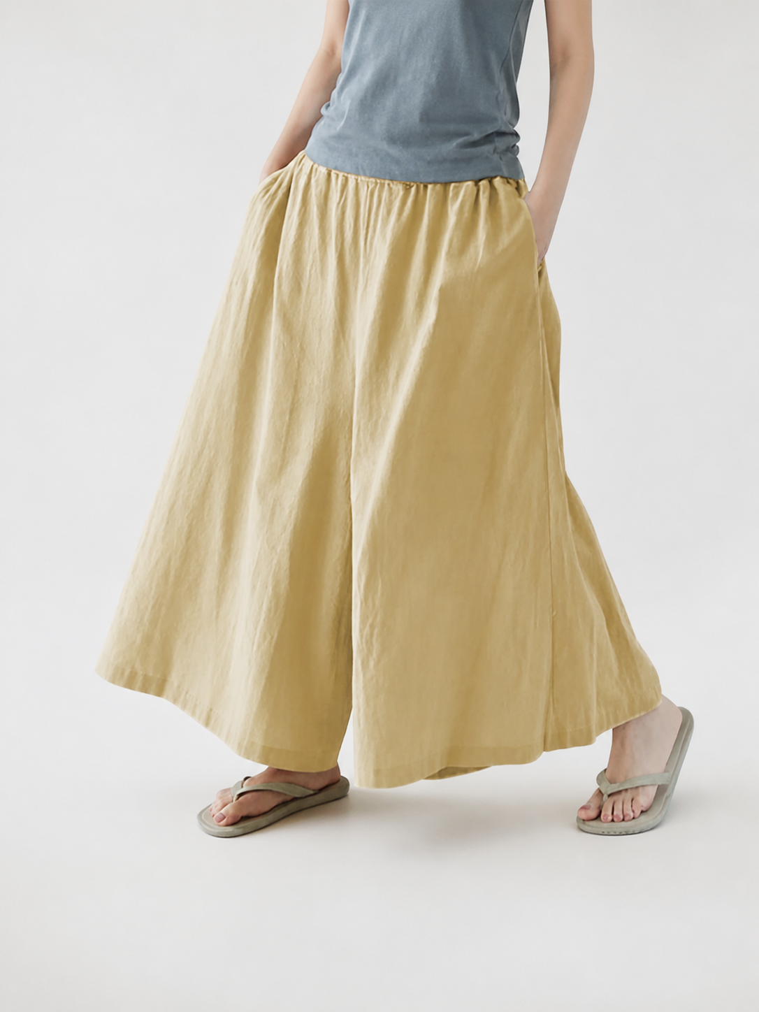 Apricot Wide Leg Pants, Elastic Waist Long Trousers with Two Side Pockets main product view 3