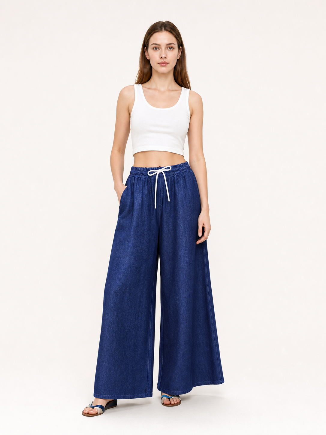 Dark Blue Palazzo Pants with an Elastic Waistband and White Drawstring main product view 4