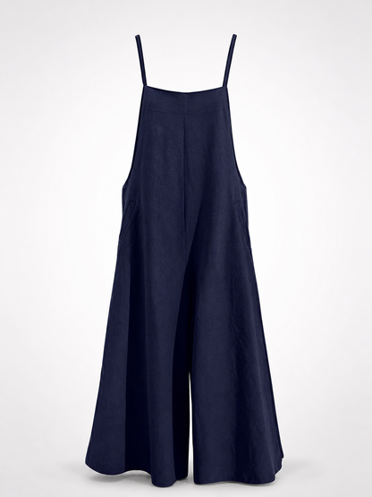 Blue Spaghetti Strap Wide Leg Jumpsuit, Sleeveless One-Piece Overalls With Long main product view 3