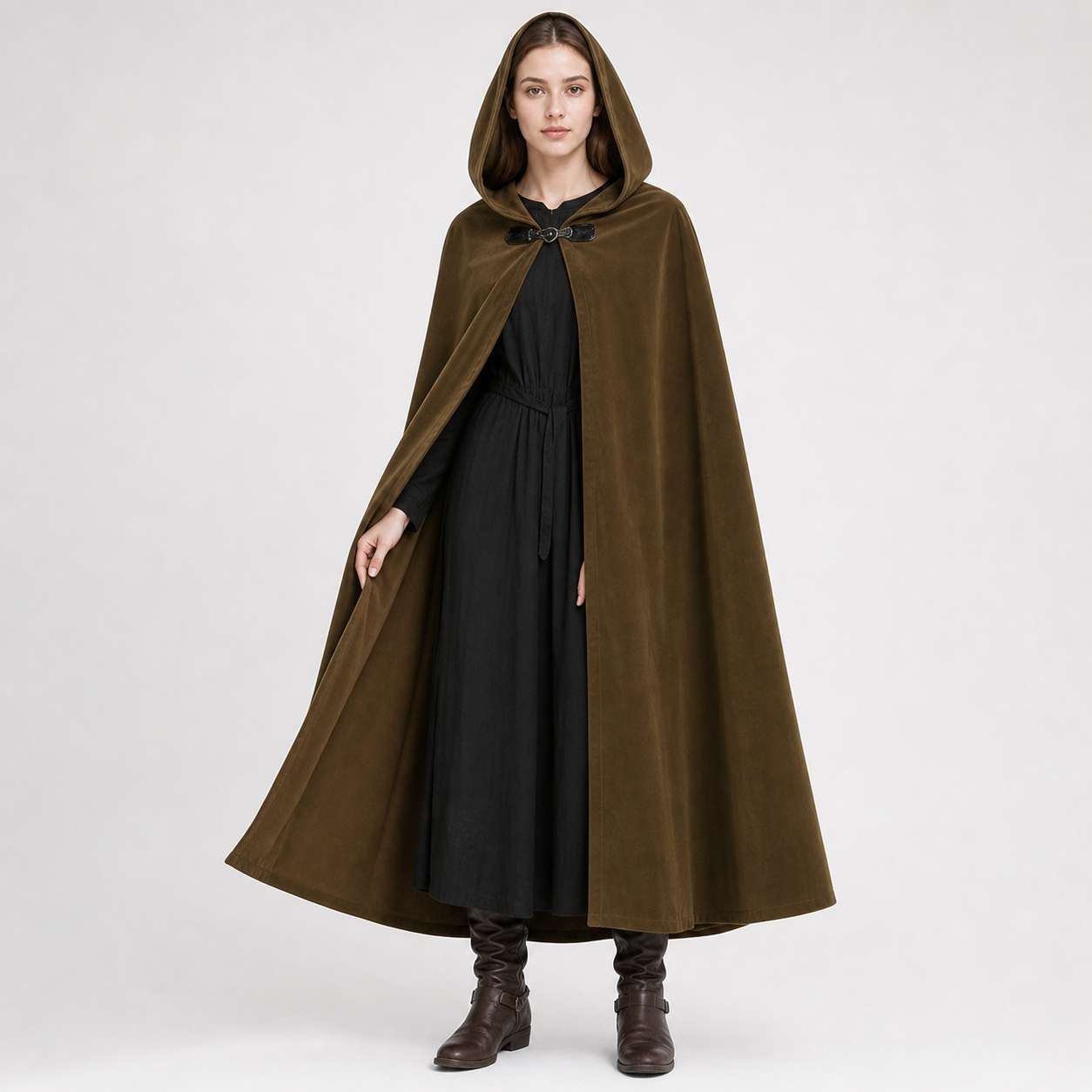 Medieval Fantasy Long Hooded Cloak with Oversized Hood, Flared Open Front Cape for Cosplay Costume Parties and Themed Events
