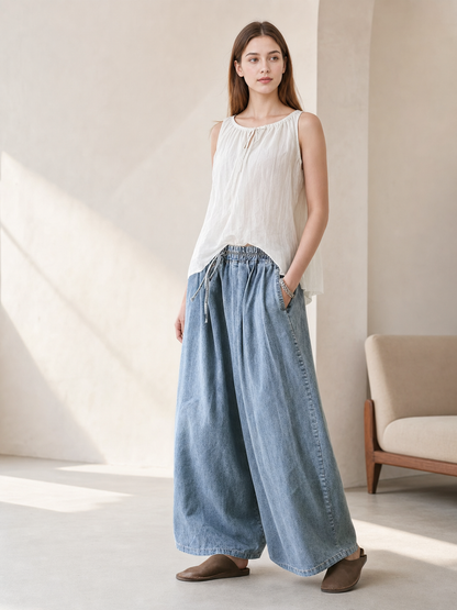 Light Blue Palazzo Pants with an Elastic Waist main product view 4