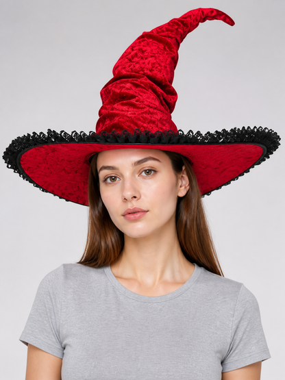 Red and Black Wide Brim Witch Hat, Tall Curved Pointed Top with Black Lace Trim main product view 4