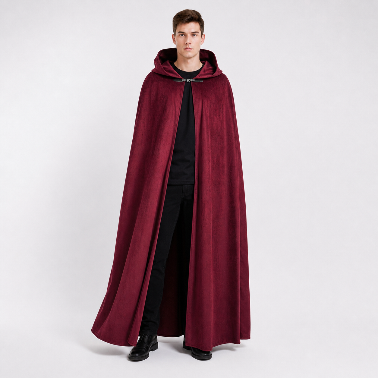 Long burgundy carnival cloak with hood