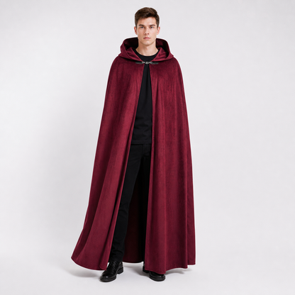 Long burgundy carnival cloak with hood